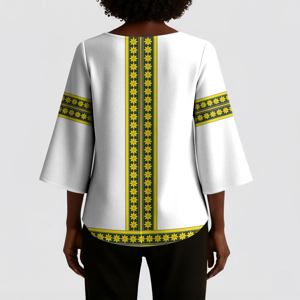 Ethiopian Enkutatash Kimono Sleeve Blouse White Adey Flower Tilet Habesha Inspired