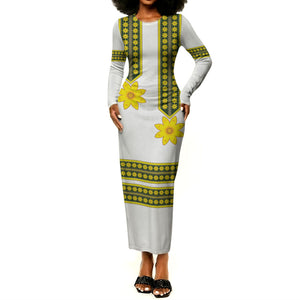 Ethiopian Enkutatash Long Sleeve Bodycon Dress White Adey Flower Tilet Habesha Inspired