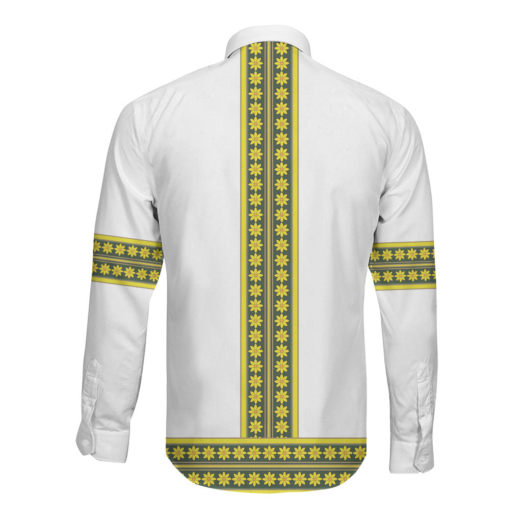 Ethiopian Enkutatash Long Sleeve Button Shirt White Adey Flower Tilet Habesha Inspired
