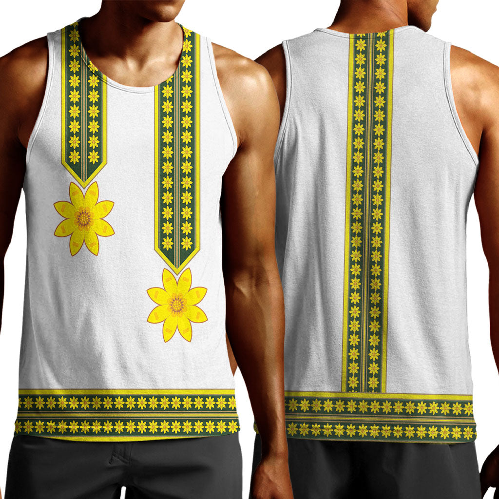 Ethiopian Enkutatash Men Tank Top White Adey Flower Tilet Habesha Inspired
