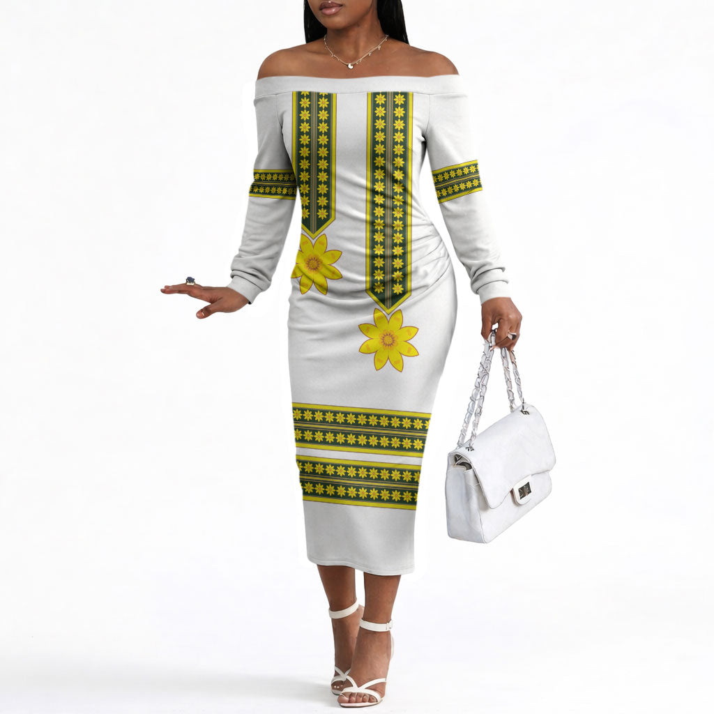 Ethiopian Enkutatash Off The Shoulder Long Sleeve Dress White Adey Flower Tilet Habesha Inspired