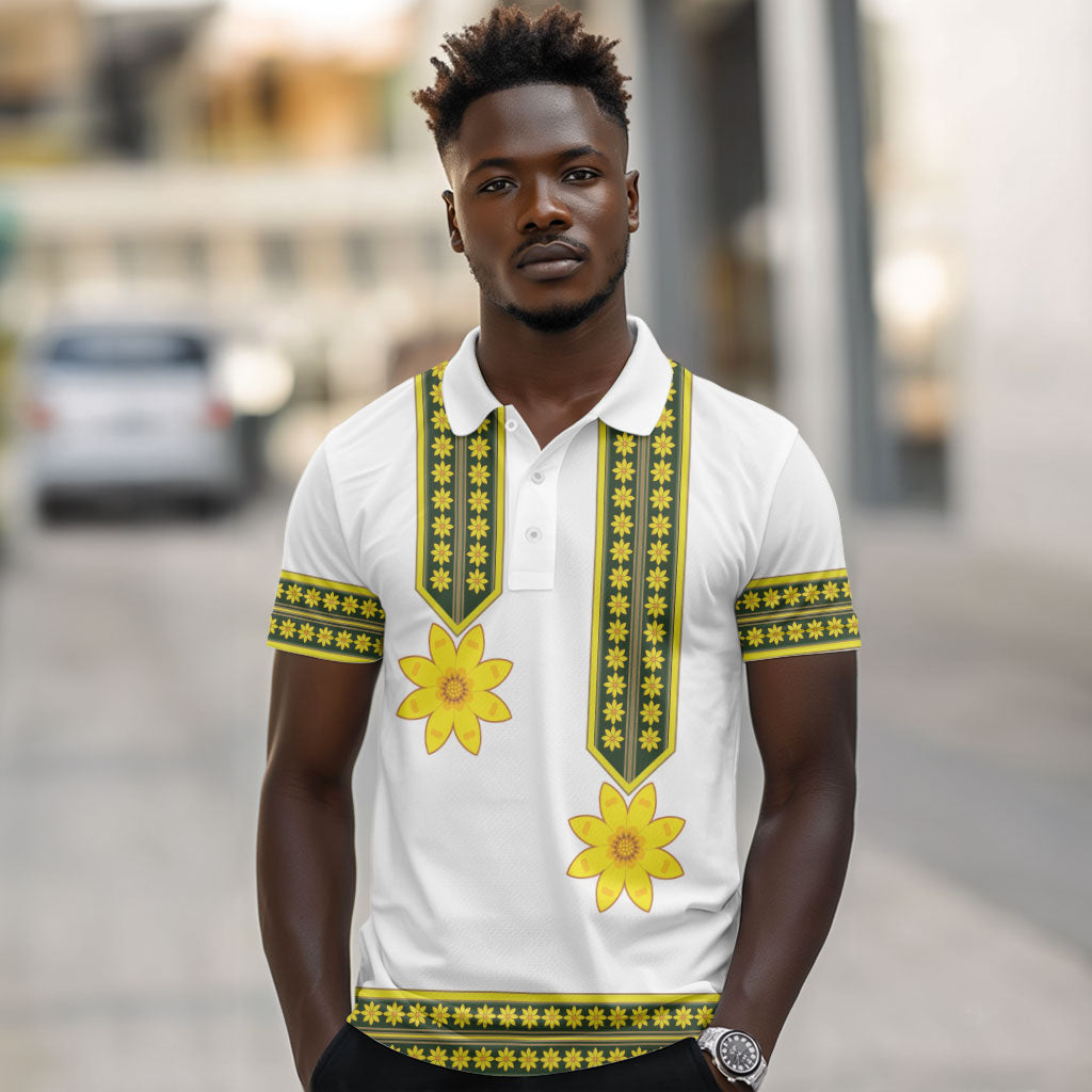 Ethiopian Enkutatash Polo Shirt White Adey Flower Tilet Habesha Inspired