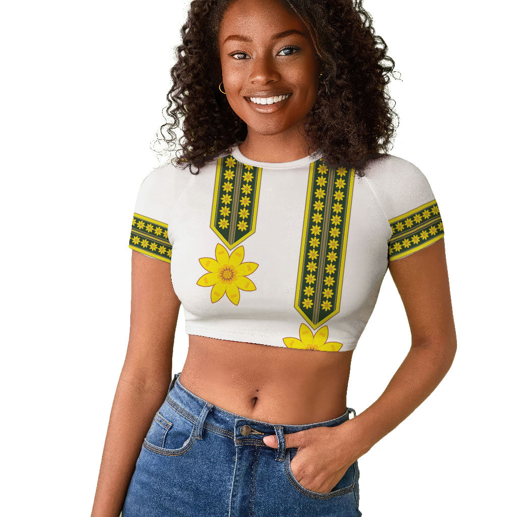 Ethiopian Enkutatash Raglan Cropped T shirt White Adey Flower Tilet Habesha Inspired