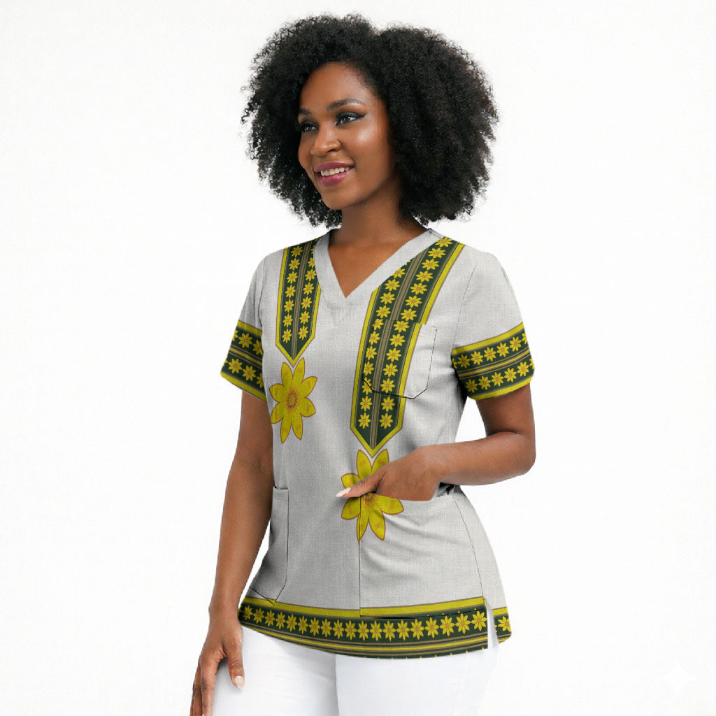 Ethiopian Enkutatash Scrub Top White Adey Flower Tilet Habesha Inspired