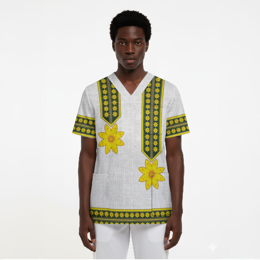 Ethiopian Enkutatash Scrub Top White Adey Flower Tilet Habesha Inspired