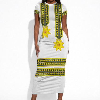 Ethiopian Enkutatash Short Sleeve Bodycon Dress White Adey Flower Tilet Habesha Inspired