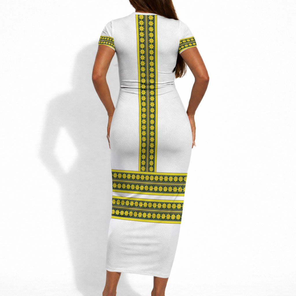Ethiopian Enkutatash Short Sleeve Bodycon Dress White Adey Flower Tilet Habesha Inspired