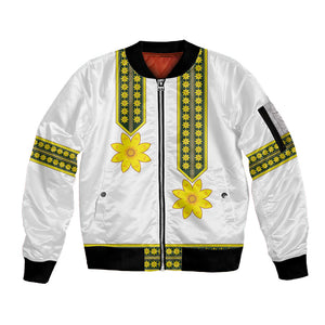 Ethiopian Enkutatash Sleeve Zip Bomber Jacket White Adey Flower Tilet Habesha Inspired