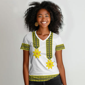Ethiopian Enkutatash Women V-Neck T-Shirt White Adey Flower Tilet Habesha Inspired