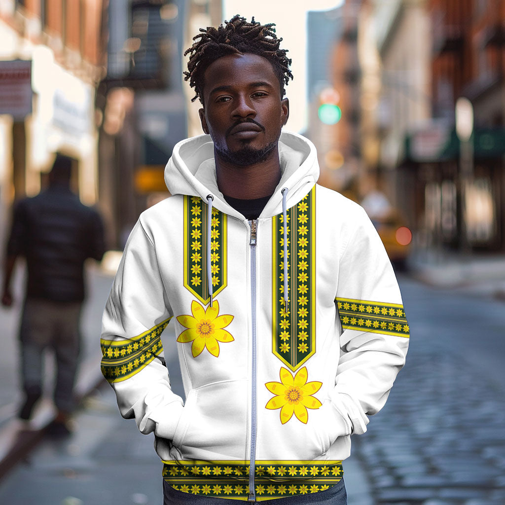 Ethiopian Enkutatash Zip Hoodie White Adey Flower Tilet Habesha Inspired