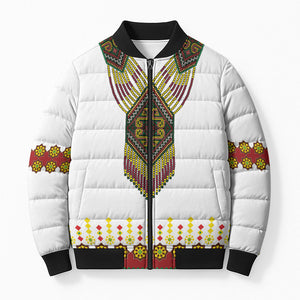 Ethiopian Enkutatash Personalized Bomber Puffer Jacket Traditional Habesha Glass D'va Necklace Inspired
