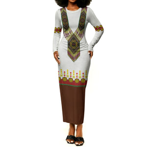 Ethiopian Enkutatash Personalized Long Sleeve Bodycon Dress Traditional Habesha Glass D'va Necklace Inspired