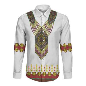 Ethiopian Enkutatash Personalized Long Sleeve Button Shirt Traditional Habesha Glass D'va Necklace Inspired