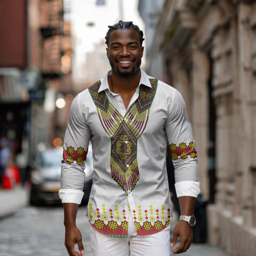 Ethiopian Enkutatash Personalized Long Sleeve Button Shirt Traditional Habesha Glass D'va Necklace Inspired
