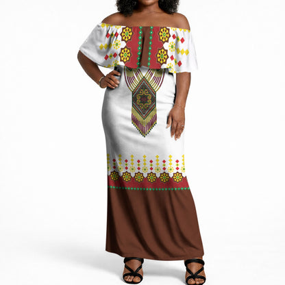 Ethiopian Enkutatash Personalized Off Shoulder Maxi Dress Traditional Habesha Glass D'va Necklace Inspired