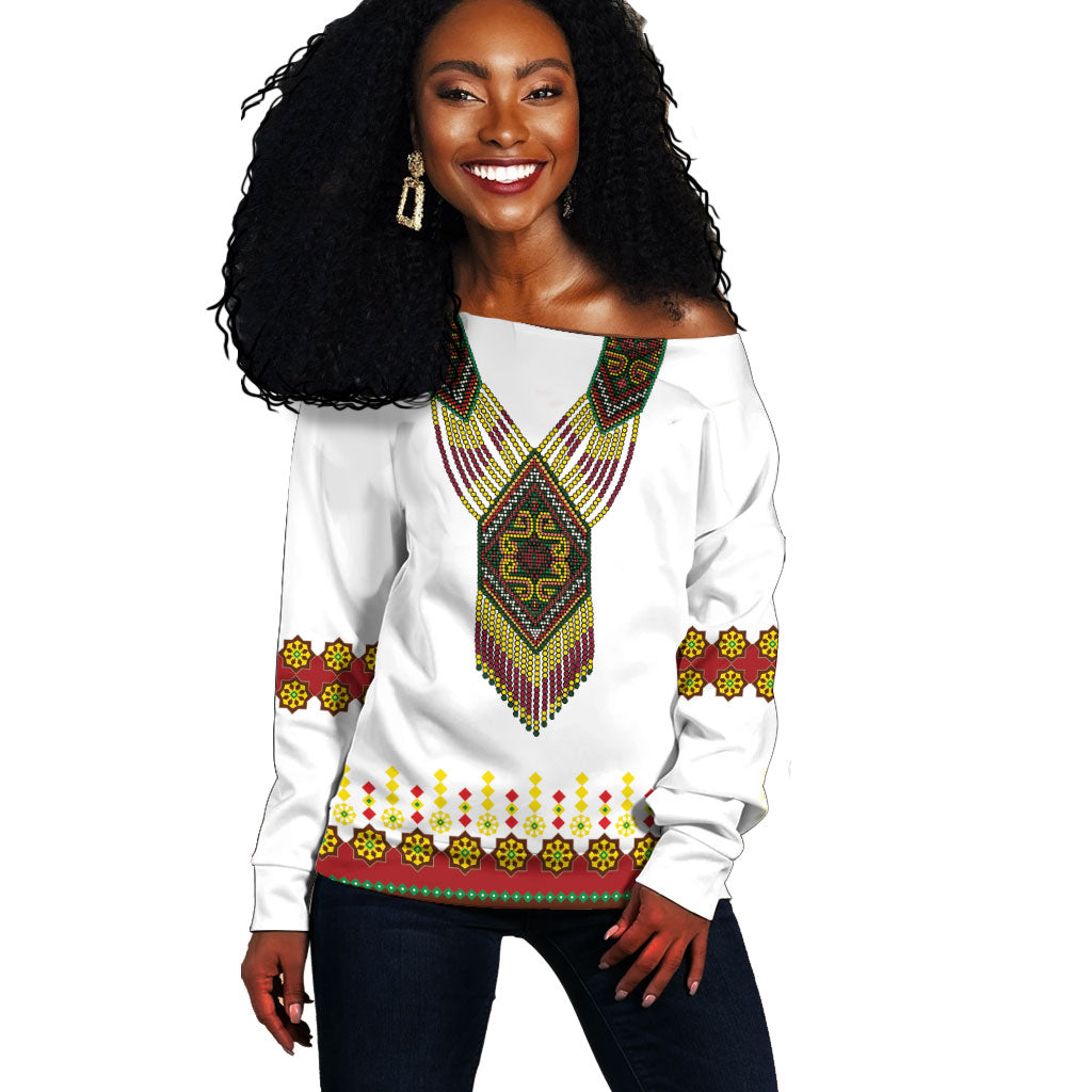 Ethiopian Enkutatash Personalized Off Shoulder Sweater Traditional Habesha Glass D'va Necklace Inspired