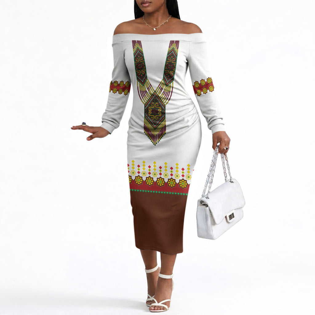 Ethiopian Enkutatash Personalized Off The Shoulder Long Sleeve Dress Traditional Habesha Glass D'va Necklace Inspired