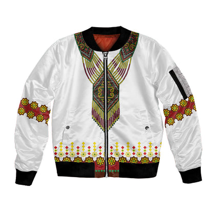Ethiopian Enkutatash Personalized Sleeve Zip Bomber Jacket Traditional Habesha Glass D'va Necklace Inspired