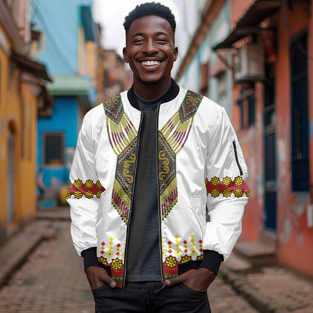 Ethiopian Enkutatash Personalized Sleeve Zip Bomber Jacket Traditional Habesha Glass D'va Necklace Inspired