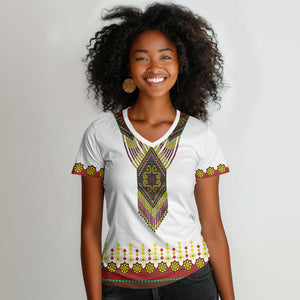 Ethiopian Enkutatash Personalized Women V-Neck T-Shirt Traditional Habesha Glass D'va Necklace Inspired