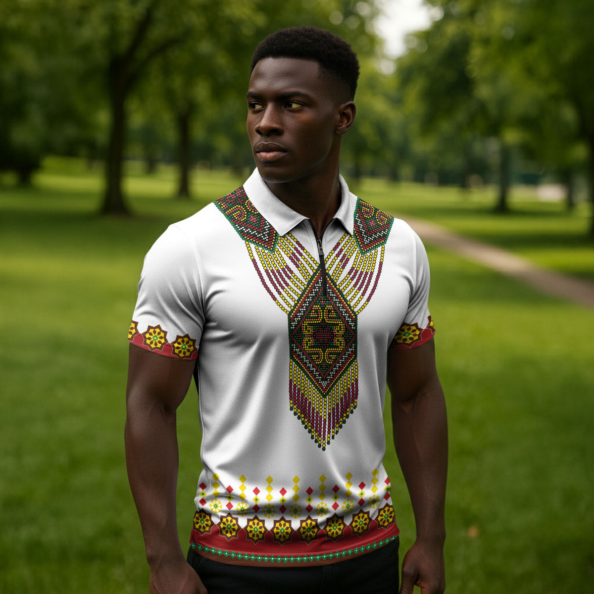 Ethiopian Enkutatash Personalized Zipper Polo Shirt Traditional Habesha Glass D'va Necklace Inspired