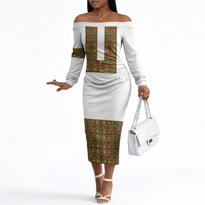 Ethiopian Enkutatash Personalized Off The Shoulder Long Sleeve Dress Traditional Habesha Pattern