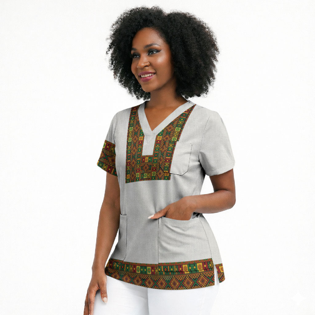 Ethiopian Enkutatash Personalized Scrub Top Traditional Habesha Pattern