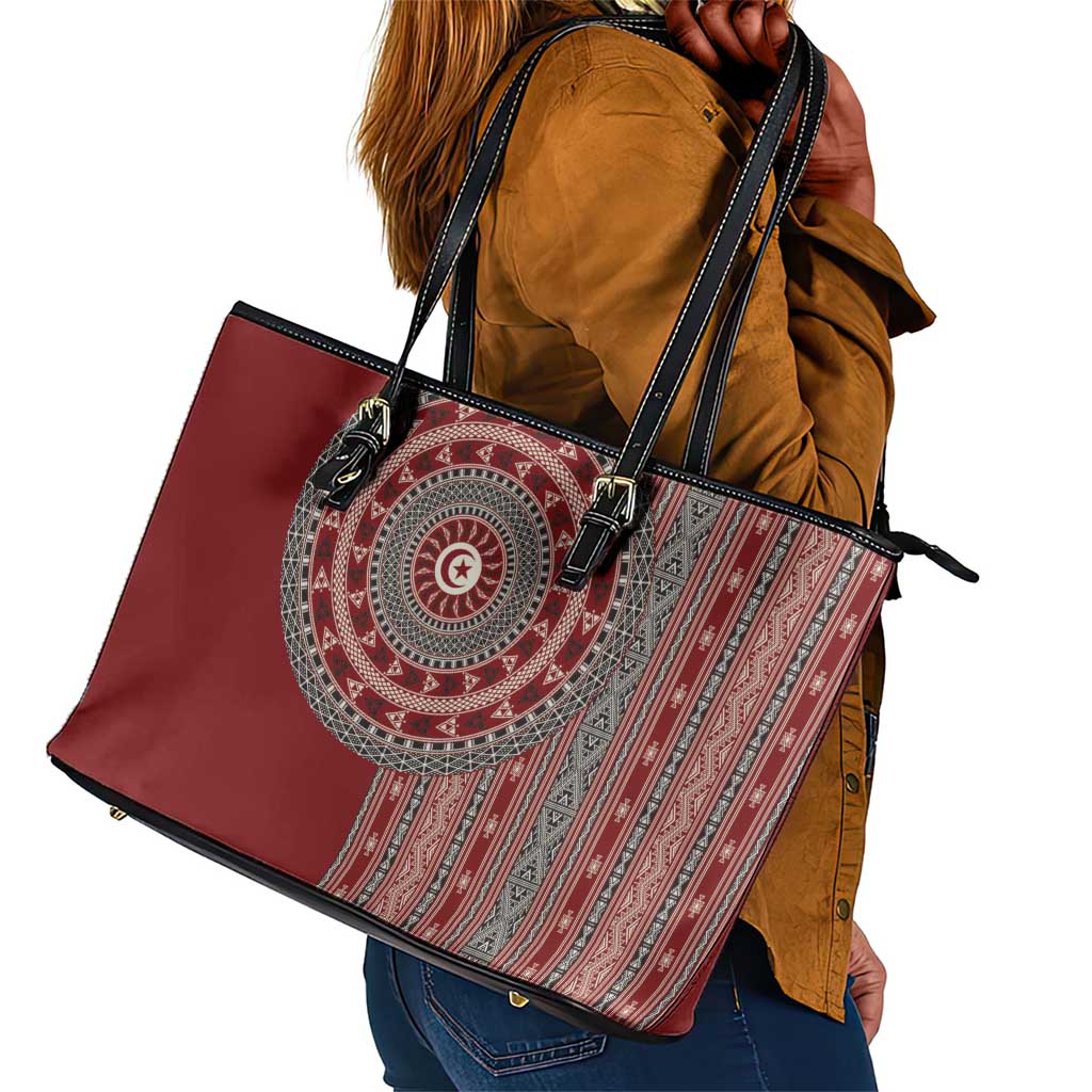 Tunisia Bakhnug Motif Leather Tote Bag Traditional Tunisian Embroidery Inspired - African Pride