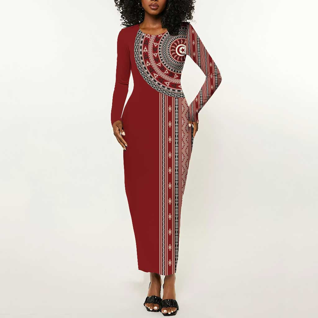 Tunisia Bakhnug Motif Long Sleeve Bodycon Dress Traditional Tunisian Embroidery Inspired - African Pride