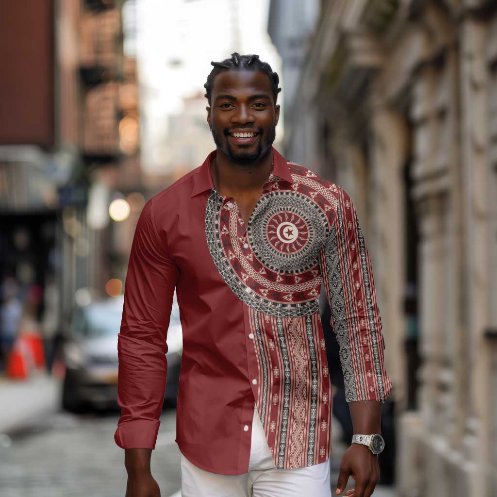 Tunisia Bakhnug Motif Long Sleeve Button Shirt Traditional Tunisian Embroidery Inspired - African Pride