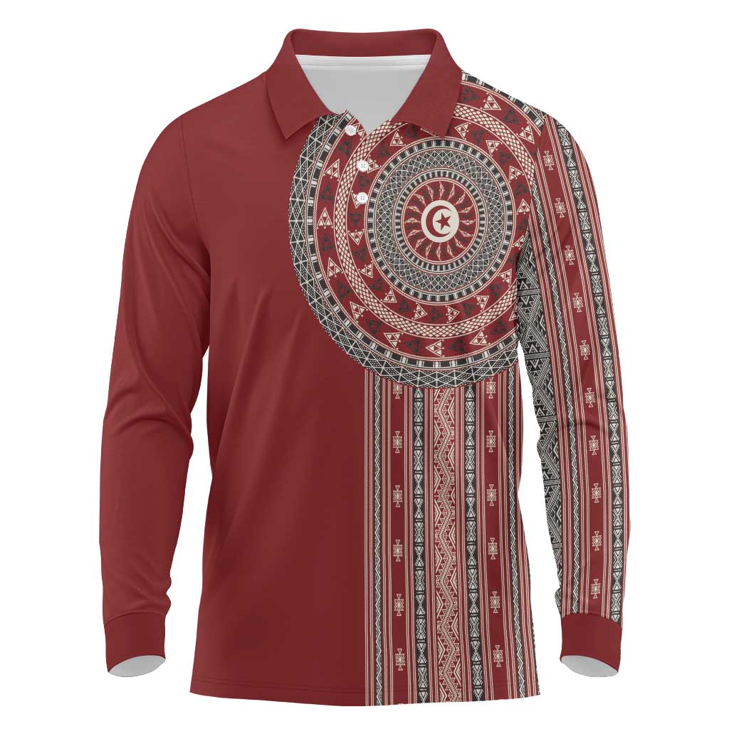 Tunisia Bakhnug Motif Long Sleeve Polo Shirt Traditional Tunisian Embroidery Inspired - African Pride