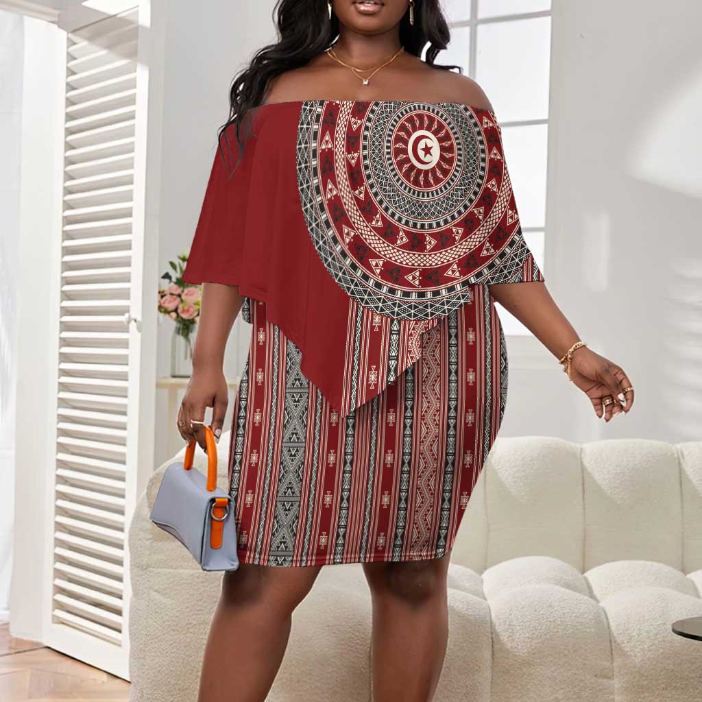 Tunisia Bakhnug Motif Off Shoulder Short Dress Traditional Tunisian Embroidery Inspired - African Pride