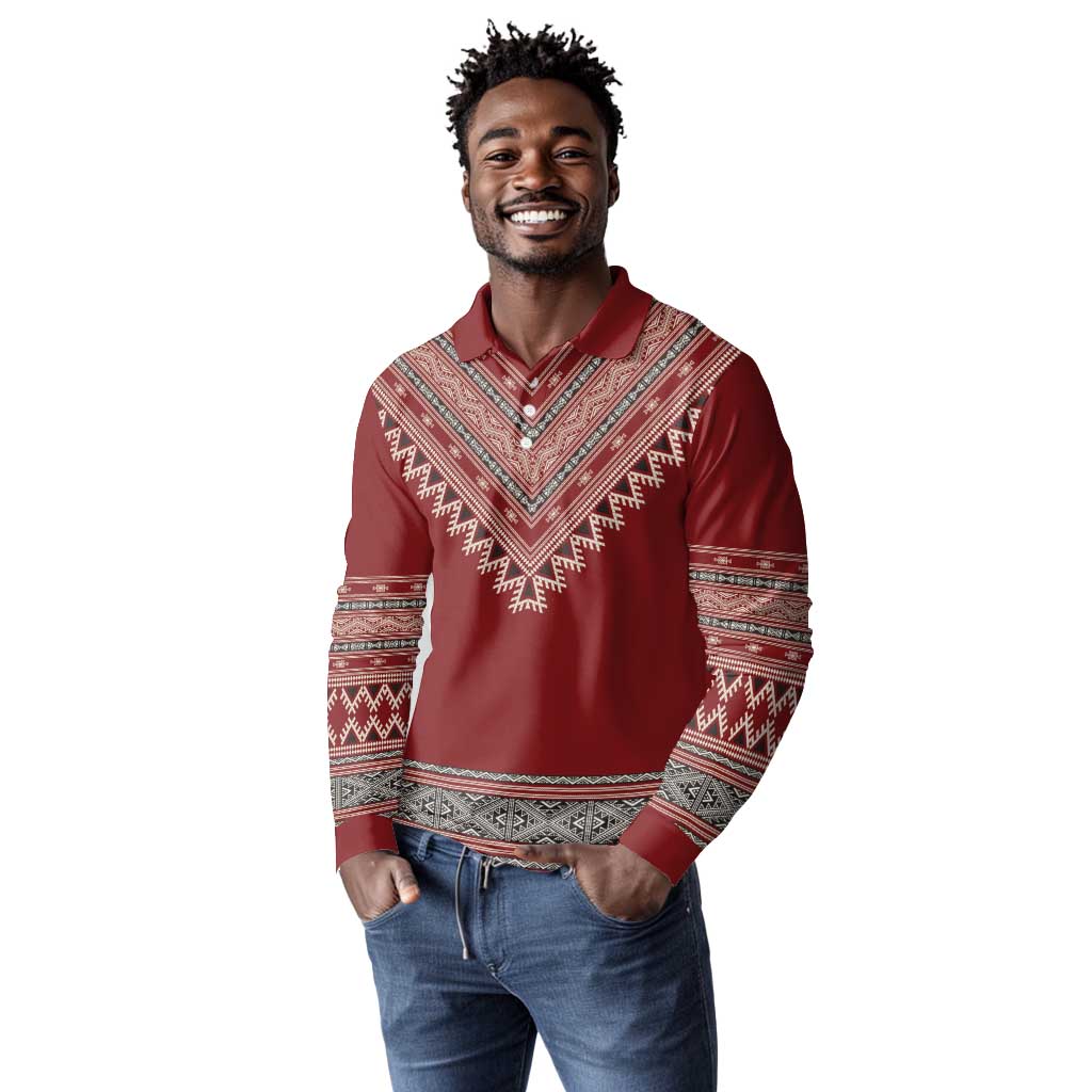 Tunisian Embroidery Pattern Long Sleeve Polo Shirt - African Pride
