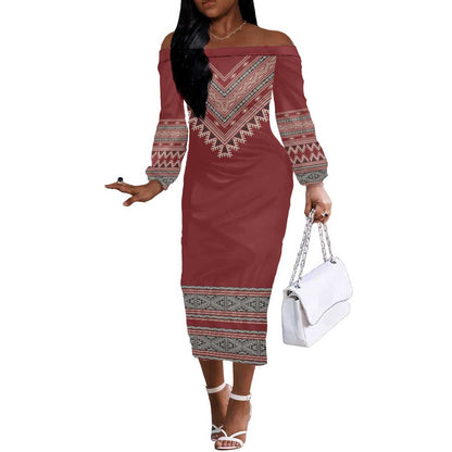 Tunisian Embroidery Pattern Off The Shoulder Long Sleeve Dress - African Pride