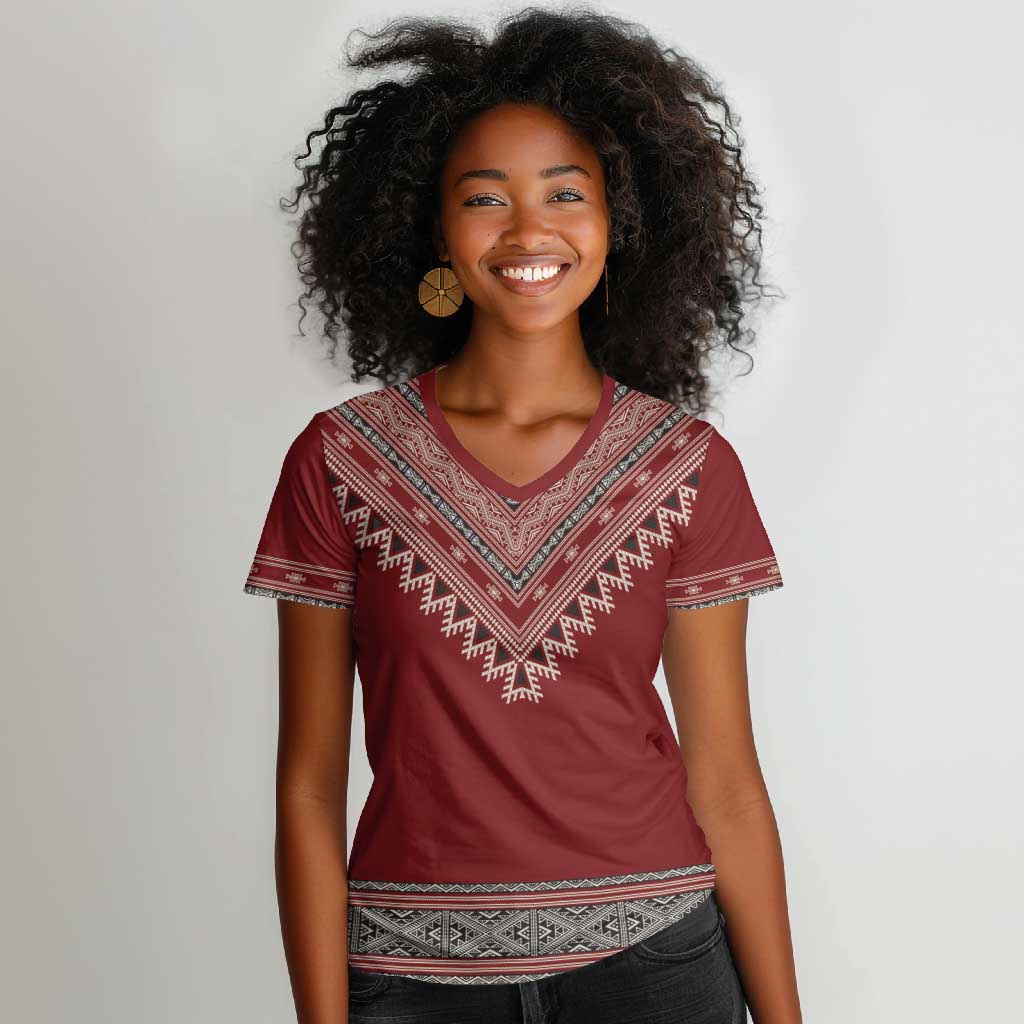 Tunisian Embroidery Pattern Women V-Neck T-Shirt LT9