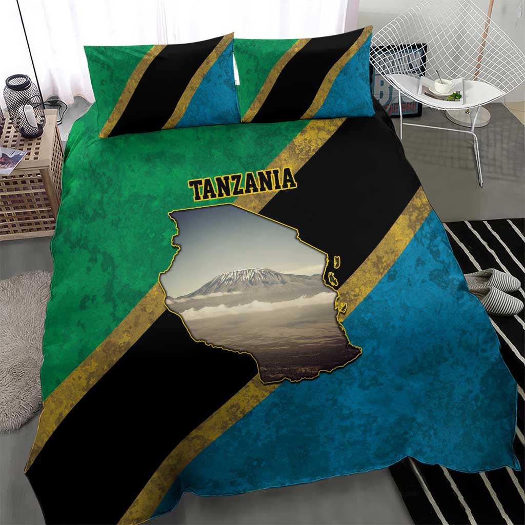 African Volcano Kilimanjaro Tanzania Bedding Set Grunge Flag Map of Tanzania - African Pride