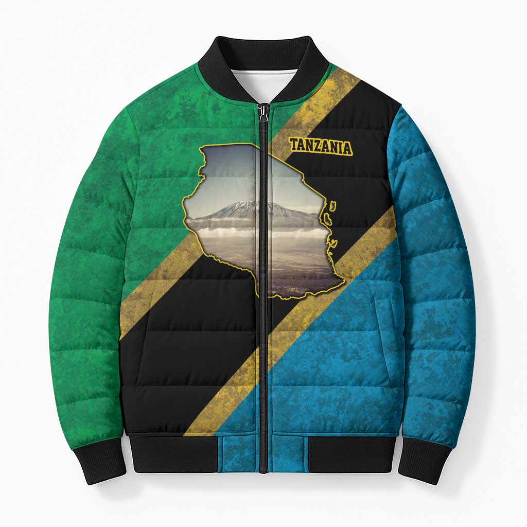 African Volcano Kilimanjaro Tanzania Bomber Puffer Jacket Grunge Flag Map of Tanzania