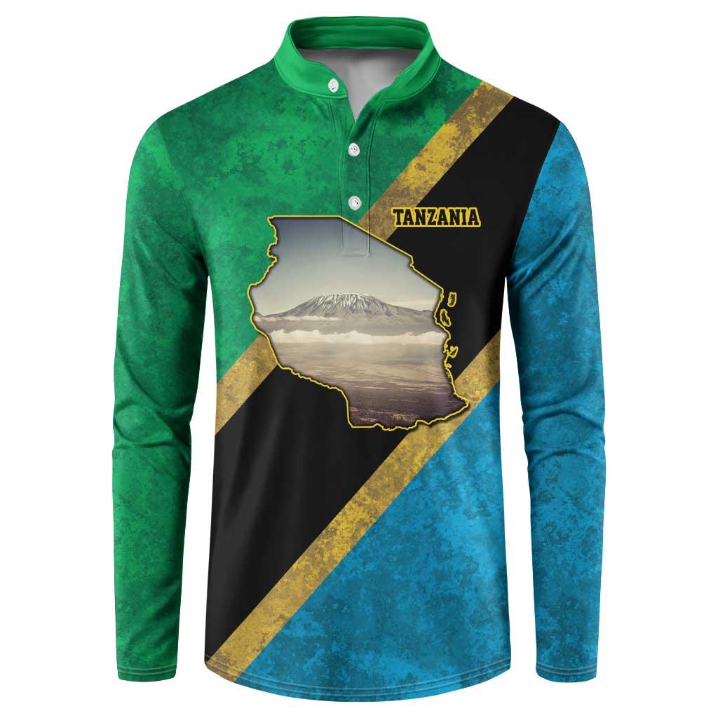 African Volcano Kilimanjaro Tanzania Button Sweatshirt Grunge Flag Map of Tanzania