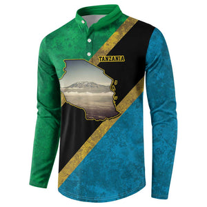 African Volcano Kilimanjaro Tanzania Button Sweatshirt Grunge Flag Map of Tanzania