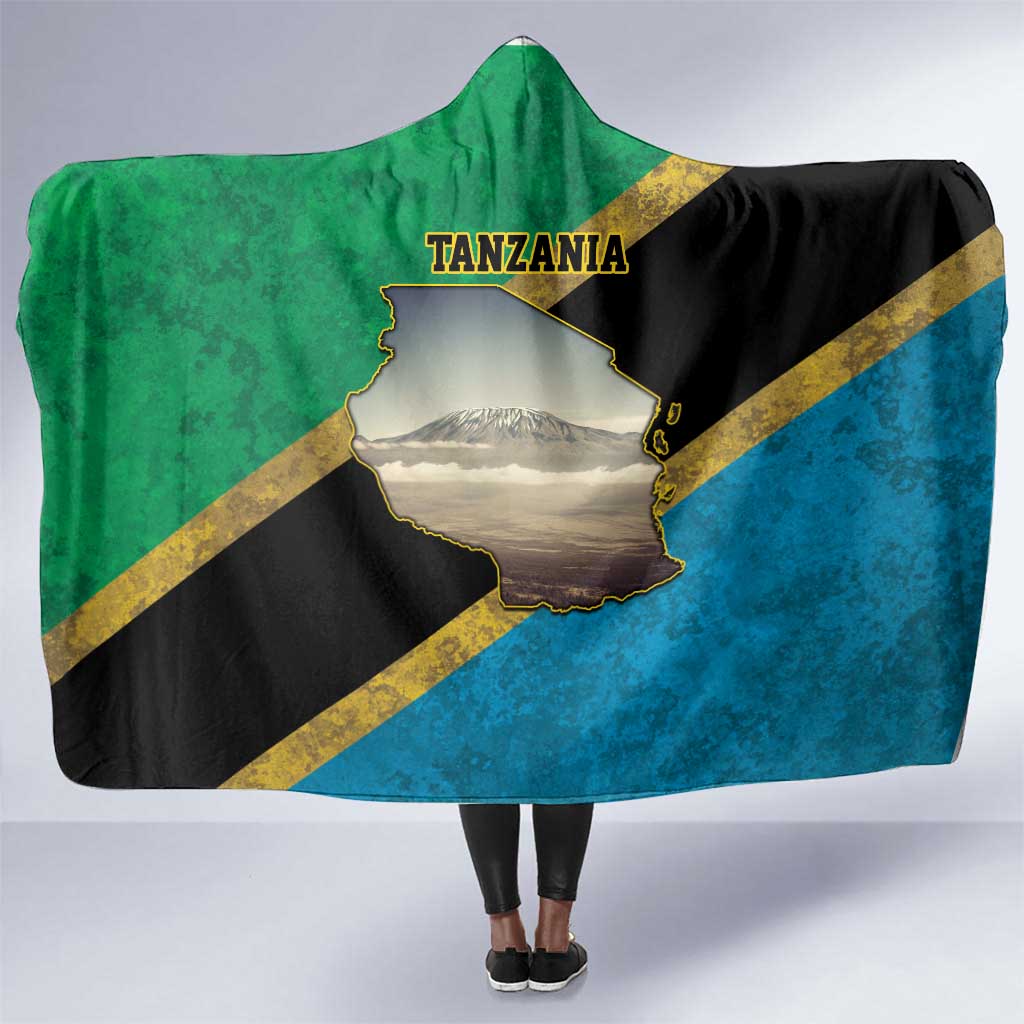 African Volcano Kilimanjaro Tanzania Hooded Blanket Grunge Flag Map of Tanzania - African Pride