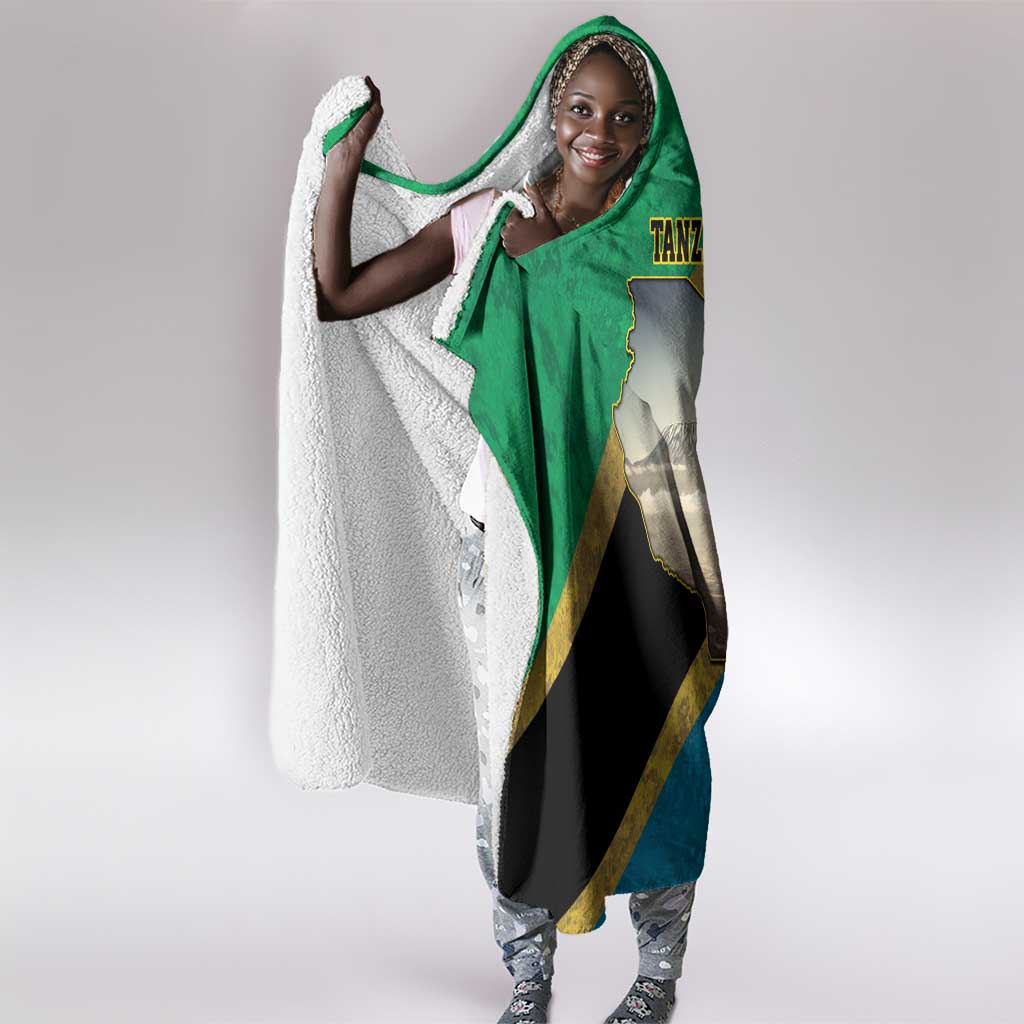 African Volcano Kilimanjaro Tanzania Hooded Blanket Grunge Flag Map of Tanzania - African Pride