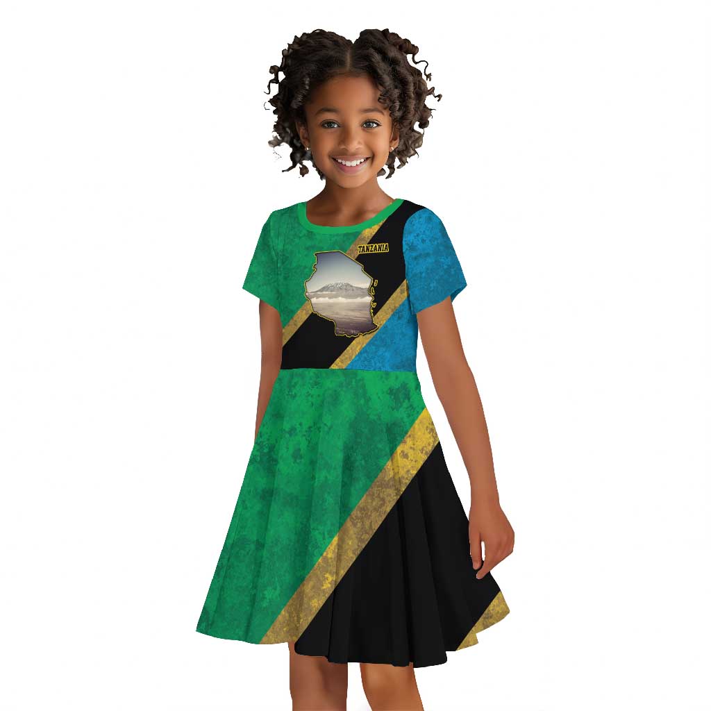African Volcano Kilimanjaro Tanzania Kid Short Sleeve Dress Grunge Flag Map of Tanzania - African Pride