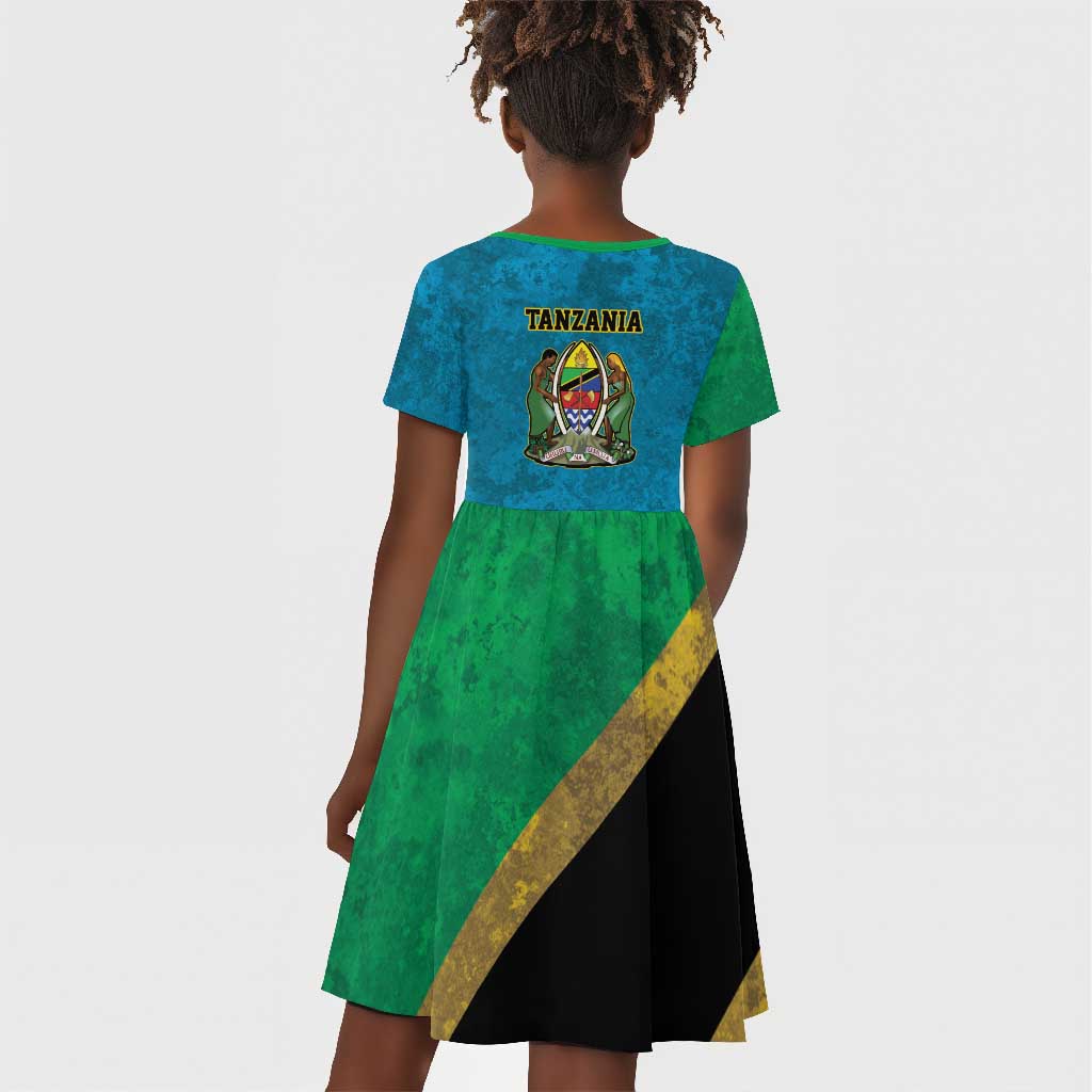 African Volcano Kilimanjaro Tanzania Kid Short Sleeve Dress Grunge Flag Map of Tanzania - African Pride