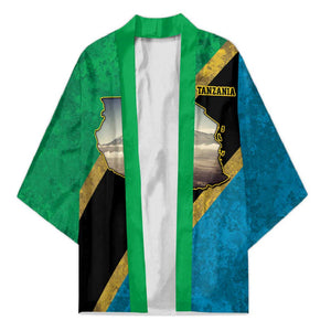 African Volcano Kilimanjaro Tanzania Kimono Grunge Flag Map of Tanzania