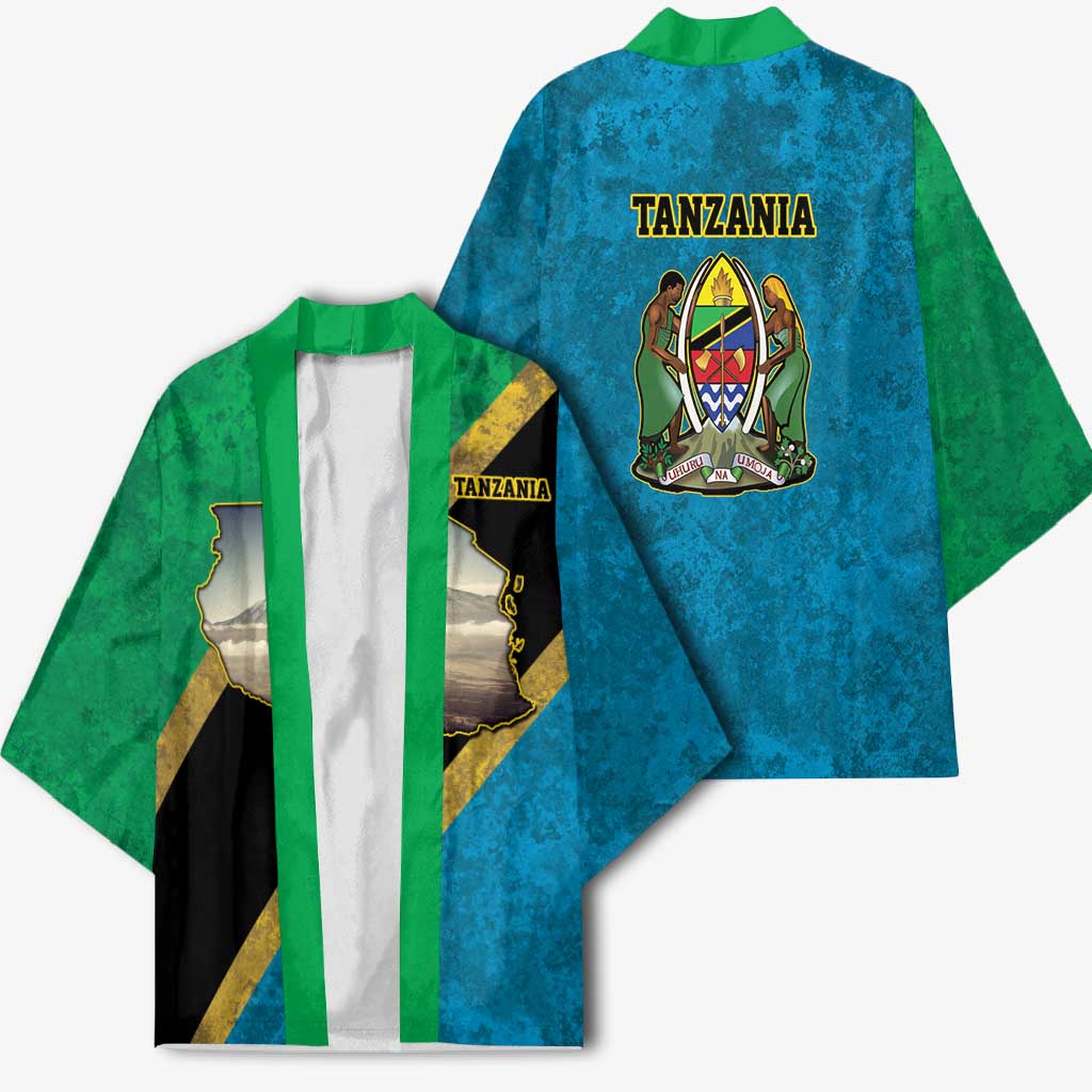 African Volcano Kilimanjaro Tanzania Kimono Grunge Flag Map of Tanzania