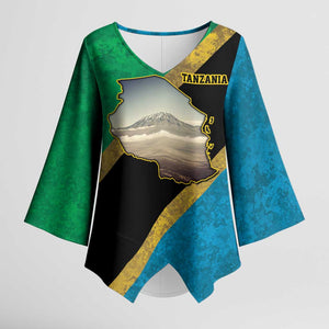African Volcano Kilimanjaro Tanzania Kimono Sleeve Blouse Grunge Flag Map of Tanzania