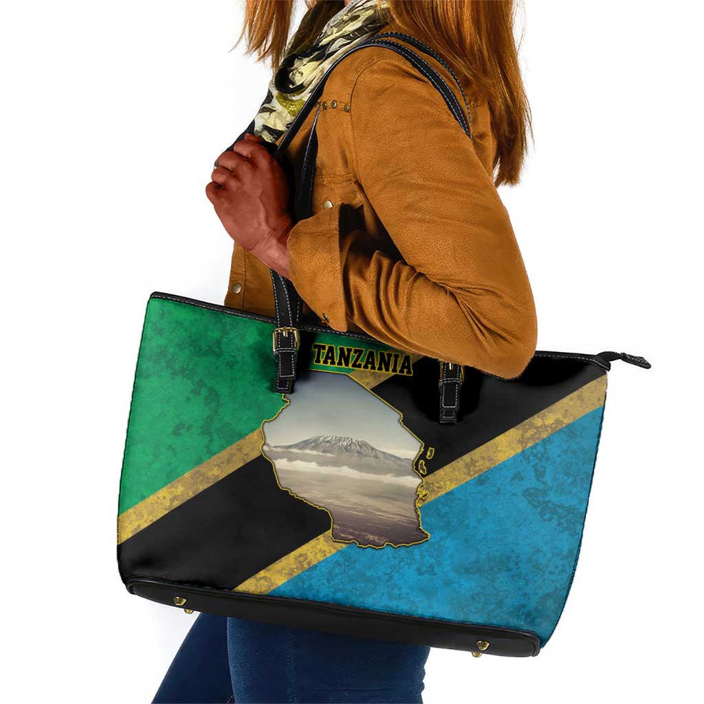 African Volcano Kilimanjaro Tanzania Leather Tote Bag Grunge Flag Map of Tanzania - African Pride