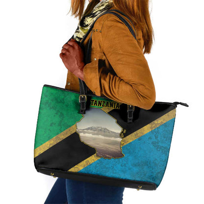 African Volcano Kilimanjaro Tanzania Leather Tote Bag Grunge Flag Map of Tanzania - African Pride