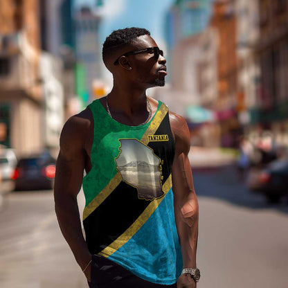 African Volcano Kilimanjaro Tanzania Men Tank Top Grunge Flag Map of Tanzania - African Pride