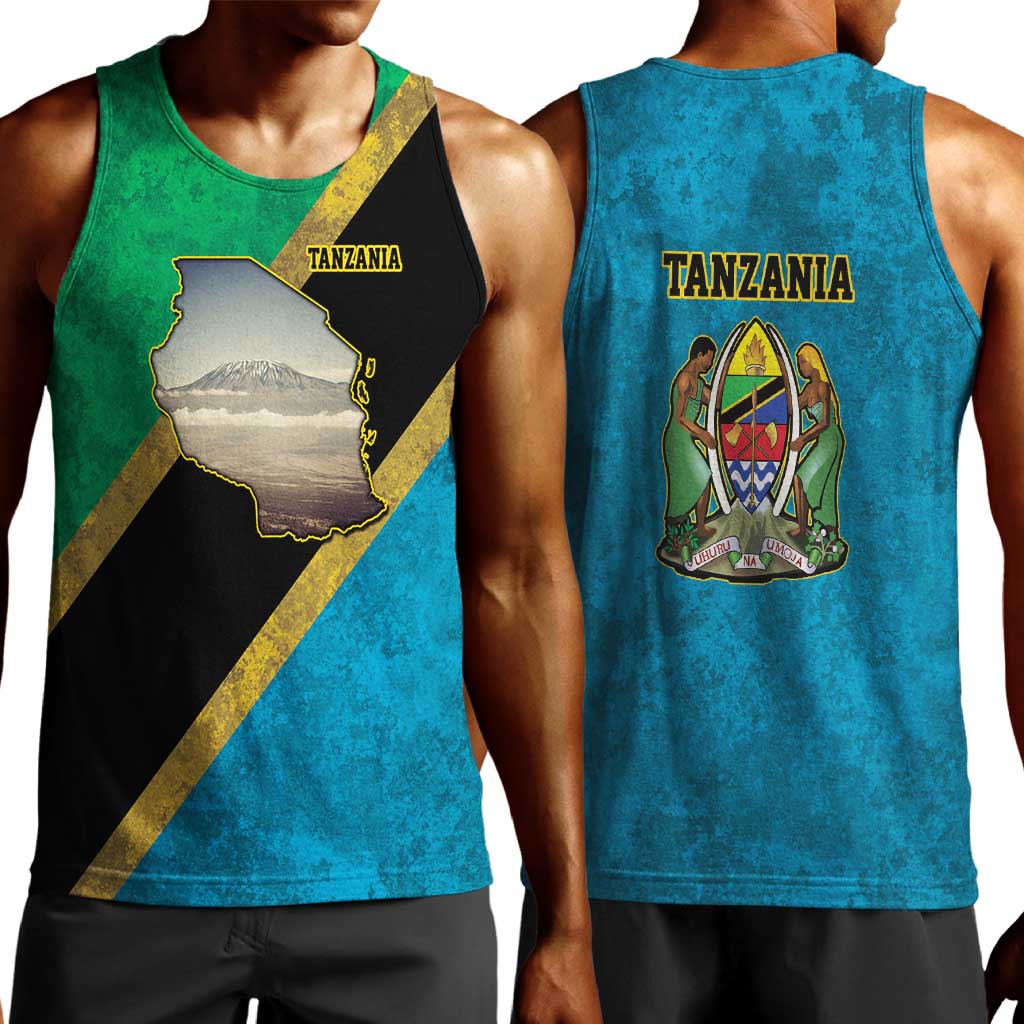 African Volcano Kilimanjaro Tanzania Men Tank Top Grunge Flag Map of Tanzania - African Pride